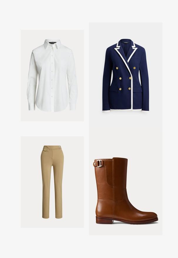 Marineblauer Blazer mit weißer Paspelierung, doppelseitigen goldenen Knöpfen, Notch-Revers, Brusttasche und zwei vorderen Klappentaschen.; Weißes langärmeliges Hemd mit Knopfleiste, spitzem Kragen und leicht gebogenem Saum.; Beige Maßhose mit glatter Textur, hoher Taille, zwei dekorativen Knöpfen und einer einzelnen Gesäßtasche. Gerade Beinform.; Brauner Leder-Stiefelette mit glatter Oberfläche, abgerundeter Spitze und dekorativer Schnalle an der Seite. Verfügt über einen niedrigen Holzabsatz und minimalistische Nähte.