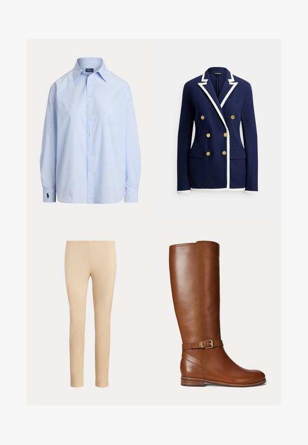 Blazer bleu marine avec bordure blanche, boutons dorés double boutonnage, revers cranté, poche poitrine et deux poches frontales à rabat.; Chemise bleu clair à manches longues avec boutons, col pointu et logo brodé sur le poignet gauche, présentée sur fond blanc.; Pantalon beige slim fit longueur cheville avec une finition lisse, sans poches visibles ni ornements, sur un fond uni.; Botte en cuir marron montant jusqu’au genou avec une petite boucle dorée et le logo "RL" sur la sangle près de la cheville, talon plat et finition lisse.