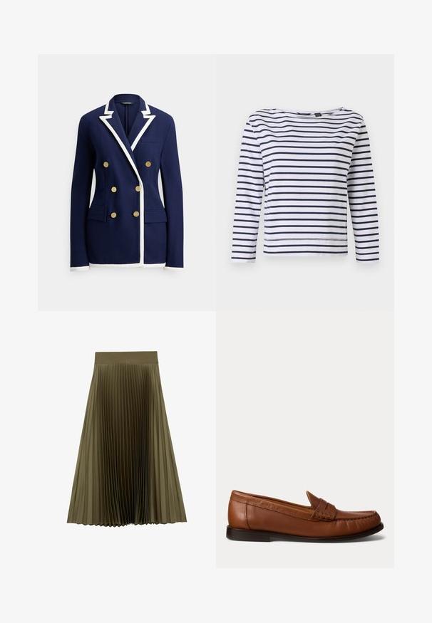 Marineblå blazer med hvid kant, dobbeltradede guldknapper, haklapel, brystlomme og to forlommer med klap.; Stribet langærmet top i hvid og marineblå, med en bådudskæring og en afslappet pasform. Lavet af blødt bomuldsstof med syede kanter.; Olivengrøn midi-nederdel med bredt linning og fine lodrette folder, udvidet ved kanten, på hvid baggrund.; Brun læderloafer med lav sort hæl, mok-tå-syning og en dekorativ rem over toppen, vist mod en hvid baggrund.