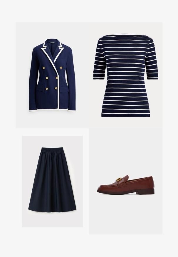 Marineblauwe blazer met witte biezen, dubbelgeknoopte gouden knopen, reverskraag, borstzak en twee klepzakken aan de voorkant.; Marineblauw overhemd met witte horizontale strepen en ellebooglange mouwen, afgebeeld op een eenvoudige lichte achtergrond.; Marineblauwe rok gemaakt van gladde stof, voorzien van een elastische tailleband, uitlopende pasvorm en een knielengte. Geen patronen of accenten zichtbaar.; Bruine leren loafer met gouden gesp, lage hak en gestikte mocassinnaad op een witte achtergrond.