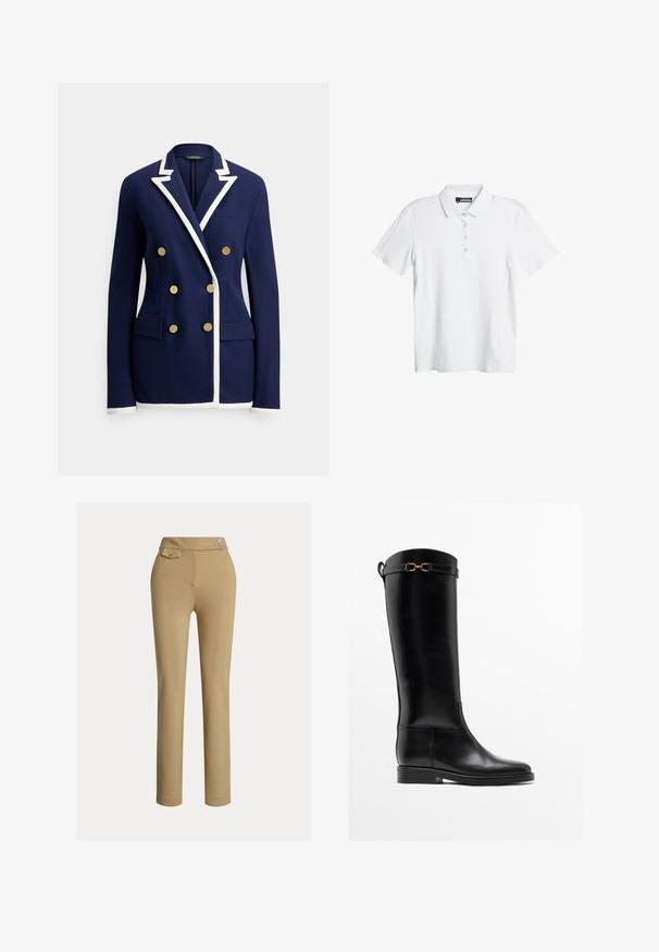 Marineblå blazer med hvid kant, dobbeltradede guldknapper, haklapel, brystlomme og to forlommer med klap.; Hvid polo t-shirt med et diskrét bølgemønster, korte ærmer og en tre-knaps placket. Fremstillet af et glat, let stof.; Beige skræddersyede bukser med en glat tekstur, høj talje, to dekorative knapper og en enkelt baglomme. Lige ben-design.; Høj sort læderstøvle med lav hæl og guldbelagt spænde nær toppen, vist i profil på hvid baggrund.