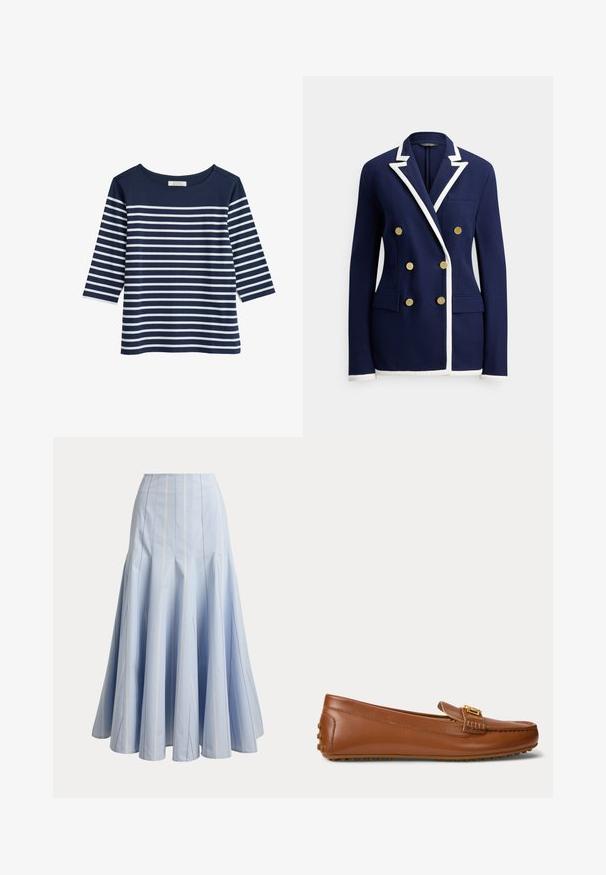 Marineblå blazer med hvid kant, dobbeltradede guldknapper, haklapel, brystlomme og to forlommer med klap.; Marineblå bomuldsbluse med 3/4-ærmer, prydet med vandrette hvide striber. Rund halsudskæring og afslappet pasform. Glat tekstur.; Lyseblå lang nederdel med lodrette hvide nålestriber og udvidede paneldetaljer, vist på en ensfarvet baggrund.; Brun læderloafer med gulddetalje på spænde, gummisål med grebknopper på hæl og bund.