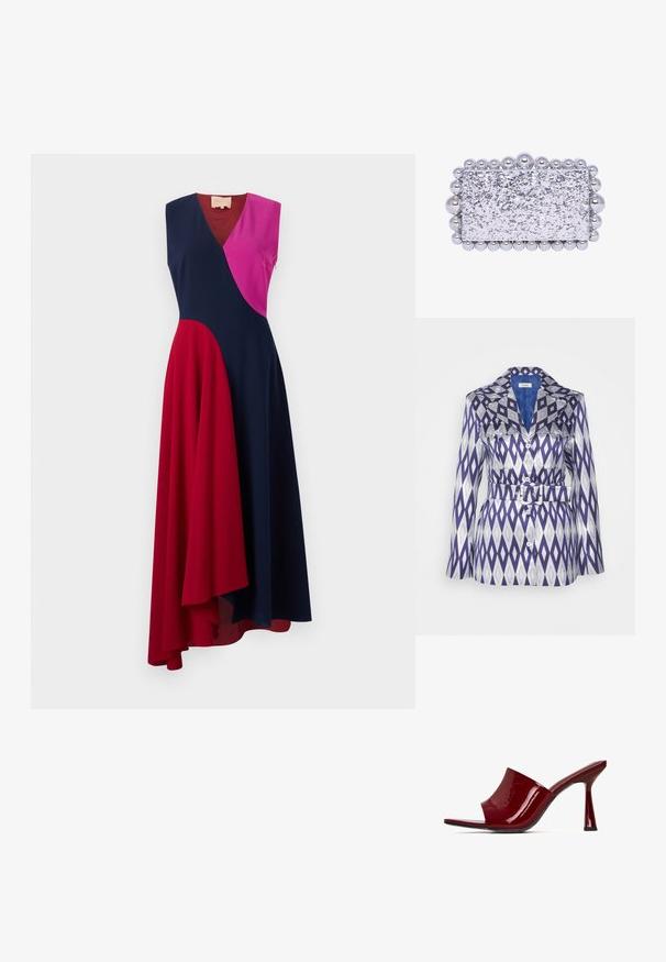 Lisou LUCILLE - Halflange jas - blue; Roksanda MIRAL DRESS - Cocktailjurk - fuchsia/crimson/navy; Rode gepatenteerde leren muiltjes met een open teen, gebogen bovenkant en een slanke hak. Zachte textuur met een glanzende afwerking en een minimalistisch ontwerp.; Zilveren rechthoekige clutch met een gestructureerde glittersurface, versierd met ronde metalen kralen langs de rand. Meet ongeveer 23 x 13 centimeter.