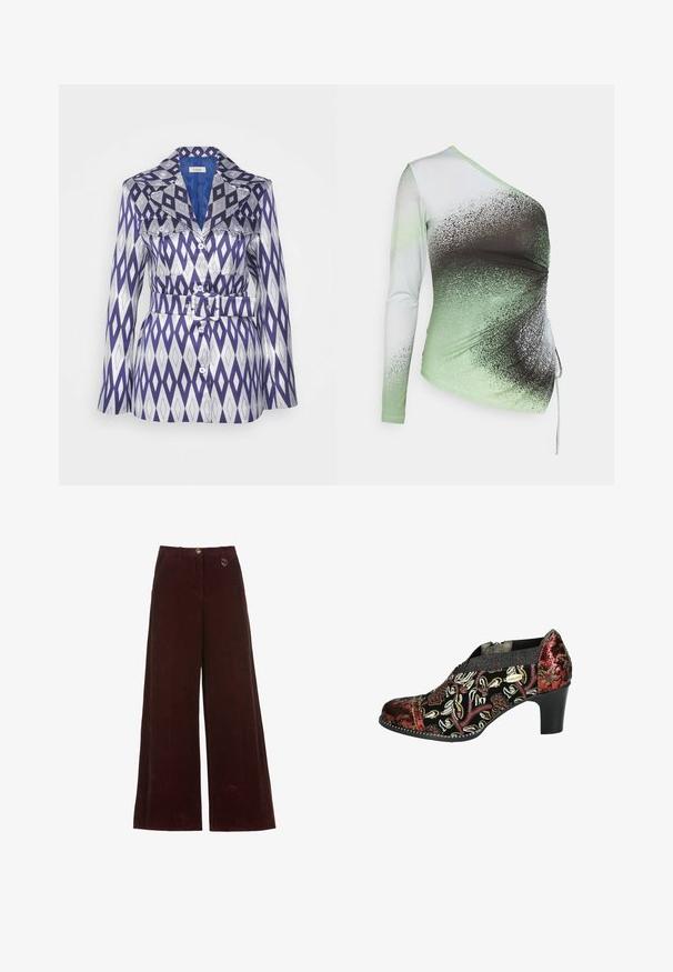 Lisou LUCILLE - Krátky kabát - blue; Elleme ONE SHOULDER - Top s dlhým rukávom - light green/white; Široké burgundské kordové nohavice s uzatváraním na gombík a zips, ktoré majú na páse malý okrúhly zlatý prívesok.; Čierna topánka s kvetinovou výšivkou v červenej, bielej a žltej farbe. Textúrované materiály a stredný podpätok zaisťujú väčšiu výšku a oporu.