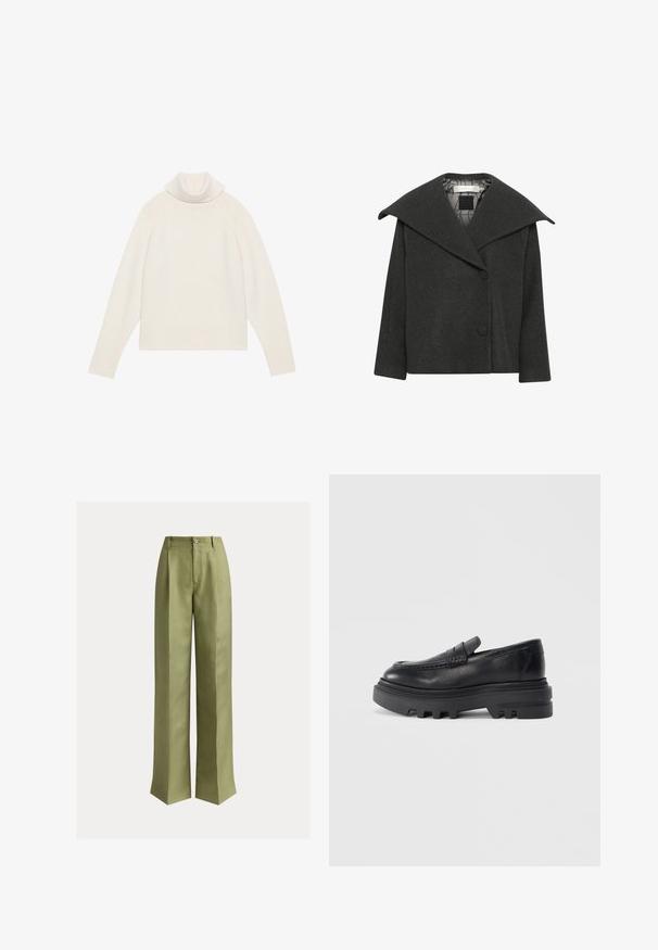 Kulgrå uldfrakke med stort krave, enkelt knaplukning og trekvartlange ærmer. Foret indvendigt med et geometrisk mønster.; Lyscreme turtleneck sweater med ribbet tekstur, raglanærmer og tætsiddende kant. Blødt materiale og afslappet silhuet.; Olivengrønne bukser med højtaljede vide ben, bæltestropper, frontknap og skjult lynlås.; Sorte læder loafers med en kraftig sort sål og tekstureret stropdetalje. Den glatte overflade og den afrundede form forstærker dens moderne design.