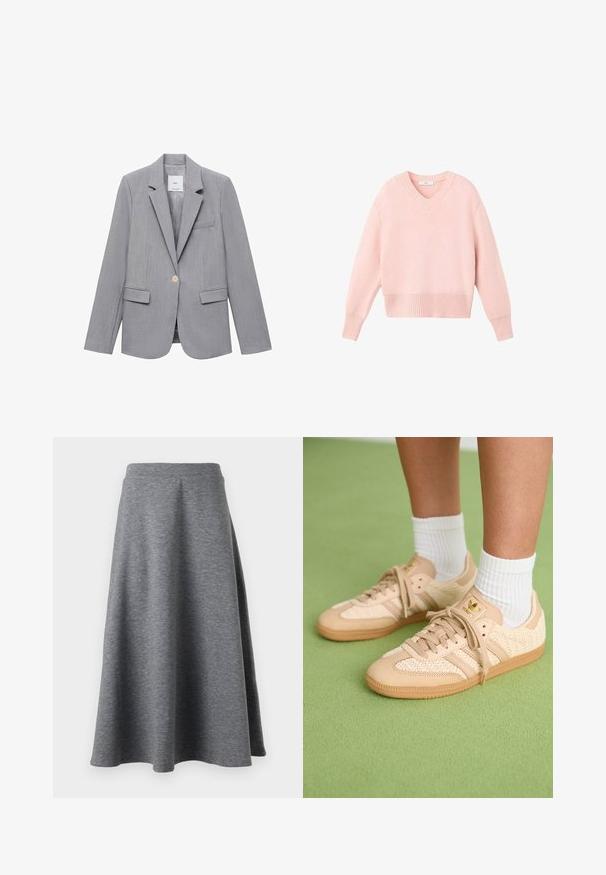 Grijze blazer van textuurstof, met een notch-lapel, sluiting met één knop en twee voorzakken. Gevoerde binnenkant.; Zachte roze V-hals gebreide trui met lange mouwen en ribbels aan de manchetten en onderkant, plat gelegd op een witte achtergrond.; Grijze, knielange rok gemaakt van zacht, rekbaar materiaal, met een uitlopende snit en een elastische tailleband voor comfort.; Voeten in beige geweven Adidas sneakers met gumzolen en witte enkelsokken op een groene gestructureerde vloer.