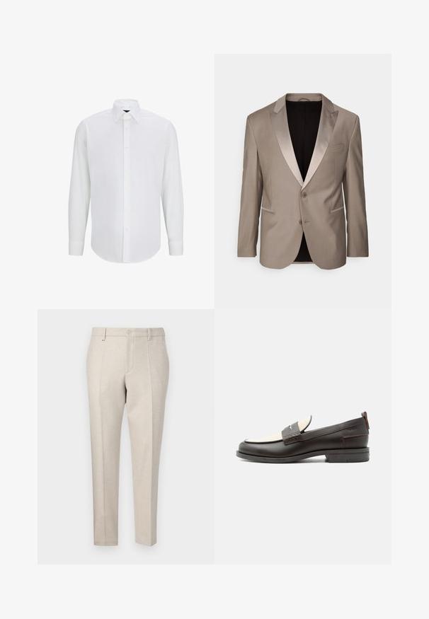Beige smokingjakke med satin peak lapels, enkelt knaplukning, sidelommer og kontrasterende kant. Fodret inderside i sort.; Hvid langærmet skjorte lavet af glat stof med standard krave, frontlukning med knapper og afrundet kant. Ingen synlige mønstre eller accenter.; Beige skræddersyede bukser lavet af struktureret stof, med et klassisk snit, pressefolder og forlommer.; Mørkebrune herresko i læder med cremefarvet stofpanel og klassisk syning på remmen, flad sål og trækskærm ved hælen.