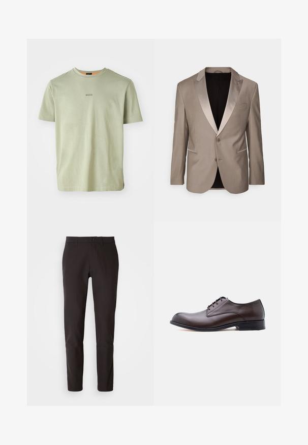 Beige smokingjacket met satijnen piekflappen, sluiting met één knoop, zijzakken en contrasterende afwerking. Gewatteerde binnenkant in zwart.; Olijfgroen T-shirt met korte mouwen van zachte stof, met een ronde halslijn en een klein 'BOSS'-logo gedrukt in het midden.; Zwarte broeken van gladde stof, met een rechte snit, een standaard tailleband met een knoopsluiting, en zonder zichtbare zakken of patronen.; Bruine leren herenschoen met zwarte zool, vetersluiting en subtiel geprofileerd merklogo op de hiel tegen een witte achtergrond.