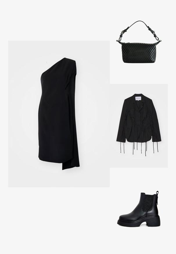 Schwarze Blazer mit strukturiertem Design, ausgestattet mit geflochtenen Akzenten und langen Bändern an den Ärmeln. Zwei Fronttaschen und ein Reverskragen.; Schwarzes asymmetrisches Kleid mit einem Schulterträger, aus glattem Stoff, mit drapierter Gestaltung und seitlichem Schlitz für zusätzliche Details.; Schwarze Lederknöchelstiefel mit elastischen Seiteneinsätzen, runder Zehenpartie, massiven strukturierten Absatz und einer Schlaufe an der Rückseite für ein einfaches Anziehen.; Schwarze Handtasche mit diamantgeschnittenem Muster und verstellbarem, geknotetem Trageriemen mit silberfarbener Metallhardware und Reißverschluss oben.