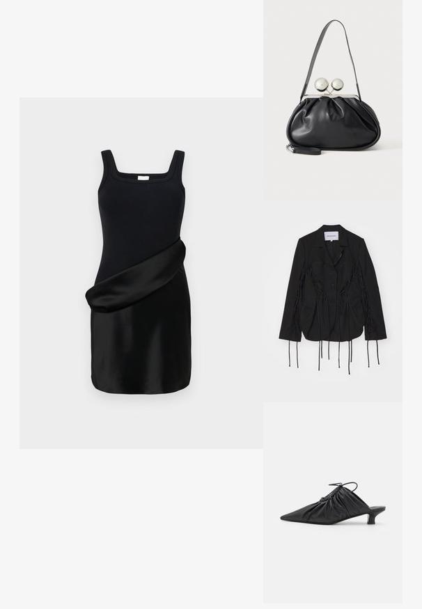 Zwarte blazer met een gestructureerd ontwerp, voorzien van gevlochten accenten en lange linten langs de armen. Twee voorzakken en een gesneden kraag.; Zwarte jurk met een geribd tanktop met vierkante halslijn en een gladde, gedrapeerde satijnen rok. Het ontwerp combineert contrasterende texturen.; Zwarte leren instappers met een spitse neus, gegatherde textuur en een kleine kittenhiel. Heeft een trekkoorddetail aan de opening.; Zwarte leren handtas met een geplooid ontwerp, een enkele schouderband, zilverkleurige metalen omlijsting en twee grote ronde zilveren sluitingen.