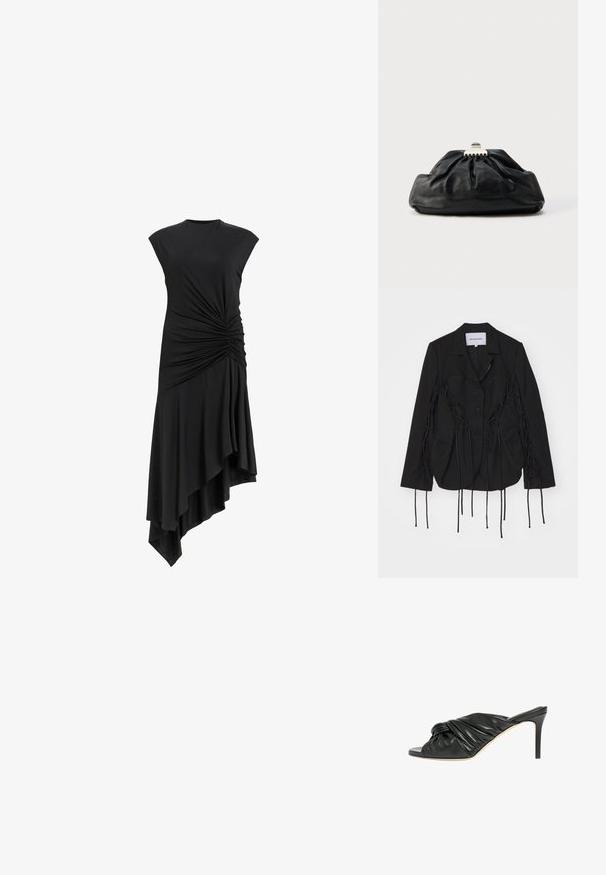 Blazer negro con un diseño estructurado, que presenta detalles trenzados y largas cintas a lo largo de las mangas. Dos bolsillos frontales y un collar con muescas.; Vestido negro sin mangas con detalles recogidos en el costado, con un dobladillo asimétrico que cae elegantemente. Textura de tela suave.; Mula de piel negra con puntera abierta, detalle nudo en la parte superior y tacón alto delgado, mostrada de perfil sobre un fondo blanco.; Bolso de mano de cuero negro con textura recogida, cierre de broche metálico y logo en relieve sutil en el frente. Forma redondeada.
