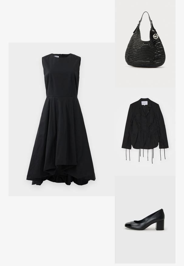 Blazer negro con un diseño estructurado, que presenta detalles trenzados y largas cintas a lo largo de las mangas. Dos bolsillos frontales y un collar con muescas.; Vestido midi negro sin mangas con corsé ajustado y dobladillo asimétrico y acampanado colgando sobre un fondo liso.; Zapato de tacón negro de cuero con una puntera brillante en negro y un tacón ancho. Textura suave y diseño redondeado con una abertura sutil en la parte delantera.; Bolso hobo negro tejido con asas de cuero, charm plateado con el logo de Michael Kors y una pequeña placa con el logo en el frente.
