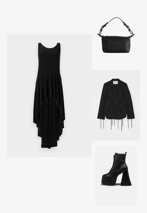 Zwarte blazer met een gestructureerd ontwerp, voorzien van gevlochten accenten en lange linten langs de armen. Twee voorzakken en een gesneden kraag.; Zwarte mouwloze jurk met een ronde halslijn, voorzien van een cascaderende asymmetrische zoom en geplooide textuur over het hele lijfje.; Zwarte platform enkellaars met veters aan de voorkant, brede blokhak, glad leer en trekhaak aan de achterkant.; Zwarte handtas met diamantvormig uitgesneden patroon, korte verstelbare band en zilveren gespdetails tegen een witte achtergrond.