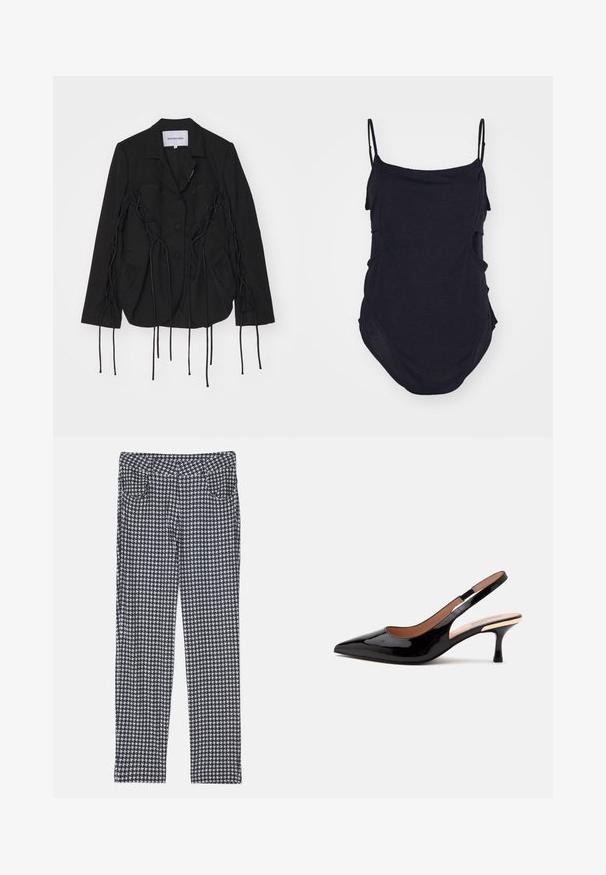 Sort blazer med en struktureret design, der har flettede detaljer og lange bånd langs ærmerne. To forlommer og en hakkrave.; Sort ærmeløs top med tynde stropper, lavet af blødt stof. Har draperede sider og en afrundet kant for en afslappet pasform.; Bukser i hundetandmønster med en blanding af sort, hvid og grå. Designet med en tætsiddende silhuet og forlommer.; Sort laklæder slingback pumpe med spids tå og lav kitten hæl på en ens hvid baggrund.