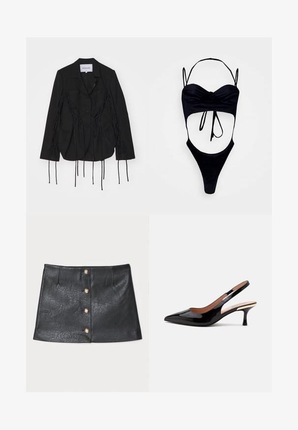 Blazer noir au design structuré, avec des accents tressés et de longues lanières le long des bras. Deux poches avant et un col cranté.; GmbH WITH CUPS - Débardeur - black; Mini jupe en cuir noir avec un design élégant, fermeture à bouton frontale avec des accents dorés, et une surface texturée avec un léger éclat.; Escarpin slingback en cuir verni noir avec bout pointu et petit talon kitten sur fond blanc uni.
