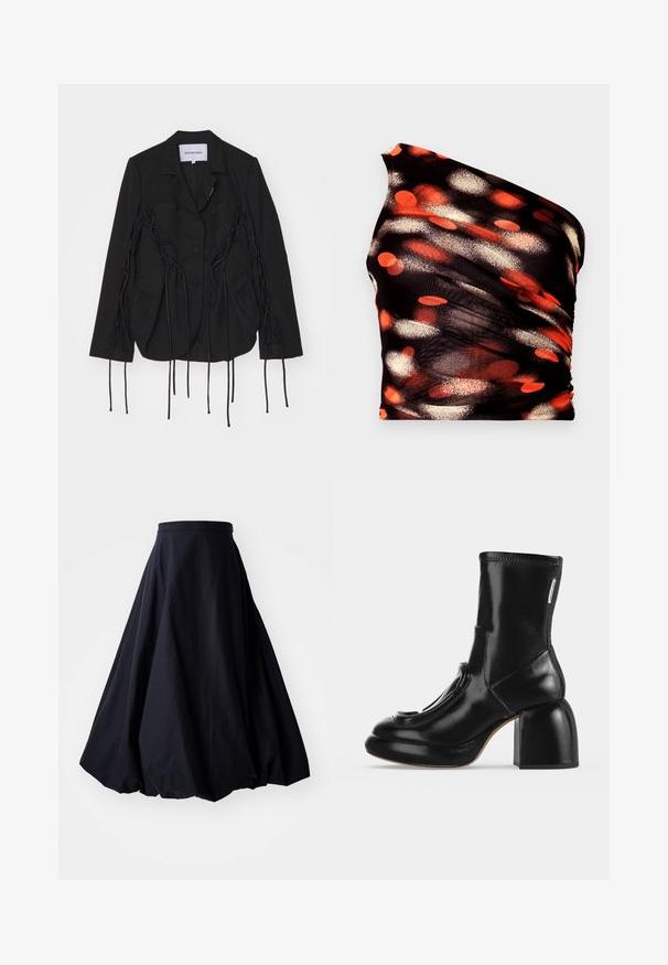 Blazer noir au design structuré, avec des accents tressés et de longues lanières le long des bras. Deux poches avant et un col cranté.; Haut noir asymétrique avec motifs abstraits en points orange, rouge et blanc. Confectionné dans un tissu texturé et extensible ; présente un effet froncé.; By Malene Birger AUBREY - Jupe longue - black; Bottine noire brillante avec bout arrondi, design frontal unique en couches et talon bloc épais sur un fond clair uni.