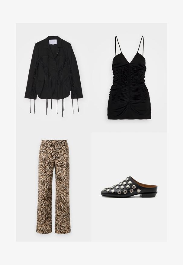 Zwarte blazer met een gestructureerd ontwerp, voorzien van gevlochten accenten en lange linten langs de armen. Twee voorzakken en een gesneden kraag.; BITE Studios SIRENE - Top - black; Leopardprint wijduitlopende broeken in beige en zwart. Katoenmix stof met een zachte textuur, met een hoge taille en zonder zichtbare hardware.; Zwarte leren slip-on mule met lage hak, versierd met vierkante zilveren studs die gelijkmatig over het bovenwerk zijn verdeeld.