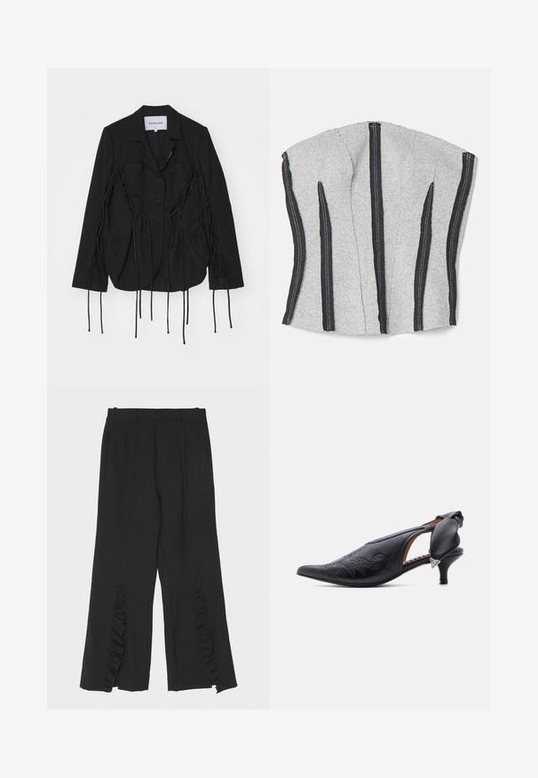 Sort blazer med en struktureret design, der har flettede detaljer og lange bånd langs ærmerne. To forlommer og en hakkrave.; ECKHAUS LATTA RAW - Top - dust; Sorte bukser med bred ben-design, der har flæseaccentuer ved sidesømmen og en flad talje. Glat stofstruktur, skræddersyet snit.; Sort læder slingback-hæl med spids tå og broderede detaljer samt en lav kitten-heel, der har en polstret sløjfe og en sølvfarvet trekantsdetalje.