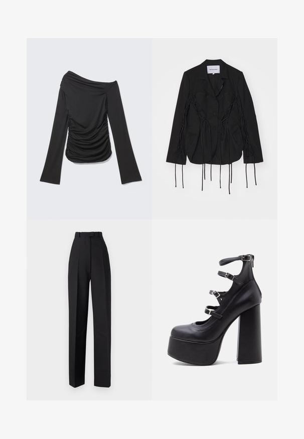 Blazer noir au design structuré, avec des accents tressés et de longues lanières le long des bras. Deux poches avant et un col cranté.; Haut noir à manches longues avec un décolleté asymétrique épaule dénudée et des fronces sur les côtés et à l'avant.; Pantalons taille haute noirs avec des plis, dotés d'un design ajusté et de jambes droites. Fabriqués dans un tissu lisse, avec un minimum de détails.; Chaussure à talon haut plateforme noire avec quatre brides réglables à la cheville et fermeture éclair arrière sur fond blanc.