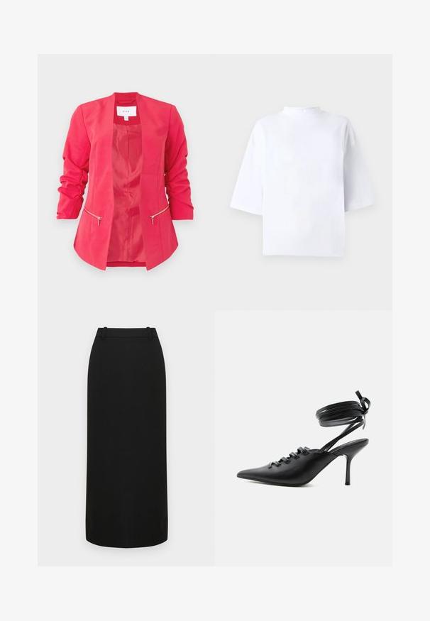 Lyserød damesblazer med rynkede 3/4-ærmer, åben front og to vandrette lynlåslommer ved taljen.; Hvid bomulds t-shirt med korte ærmer, høj, rund hals og løs pasform. Glat tekstur uden synlige mønstre eller detaljer.; Sort blyantskørt med tætsiddende design, glat tekstur, længde til midt på læggen og en talje med bæltestropper. Ingen pynt.; Sort spids sko med høje hæle, snørelukning foran og omlægning omkring anklerne bundet med sløjfe, vist fra siden på hvid baggrund.
