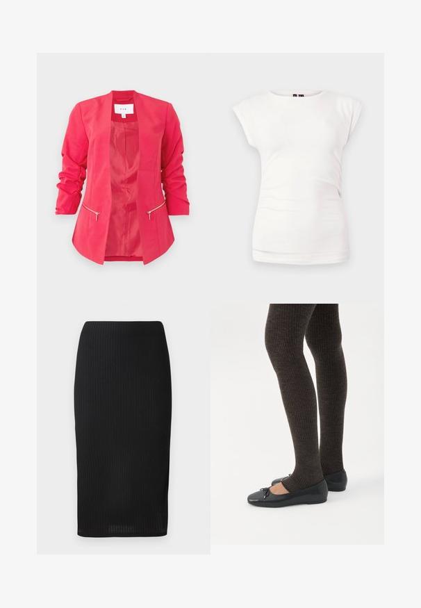 Lyserød damesblazer med rynkede 3/4-ærmer, åben front og to vandrette lynlåslommer ved taljen.; Hvid tætsiddende T-shirt med korte ærmer og rund hals på ensfarvet baggrund med let rynkedetalje i siden.; Sort ribbet blyantskørt i tætsiddende design med en glat tekstur og en længde til knæene. Simpel talje uden udsmykninger.; Ben iført mørke ribbede leggings kombineret med sorte balletsko med små sløjfedetaljer på hvid baggrund.