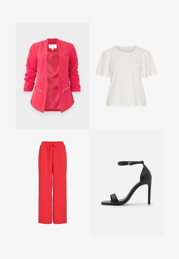 Felroze damesblazer met geplooide 3/4-mouwen, open voorkant en twee horizontale zakken met rits ter hoogte van de taille.; Witte blouse met korte mouwen, pofmouwen, ronde halslijn en een subtiel gestippeld textuurpatroon.; Felrode loszittende broek met elastische tailleband en vooraan trekkoord, ontworpen voor casual gebruik.; Zwarte sandalen met hoge hakken, met een slank ontwerp, voorzien van een enkelbandje, open teen en een gladde leren textuur.