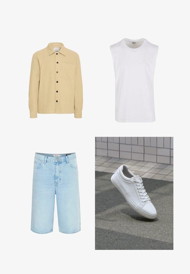 Beige strikket skjortejakke med krave, sorte knapper foran og en enkelt brystlomme. Har et enkelt design.; Hvid ærmeløs bomuldsbluse med rund halsudskæring, glat tekstur og enkelt design. Ingen synlige mønstre eller accenter.; Lyseblå denimshorts med afslappet pasform, fem-lomme design, enkelt knaplukning og kontrastsyninger langs sømmene.; Hvide sneakers med en tekstureret læderoverdel, flade snørebånd og en glat gummisål. Let afrundet tå og minimalistisk design.