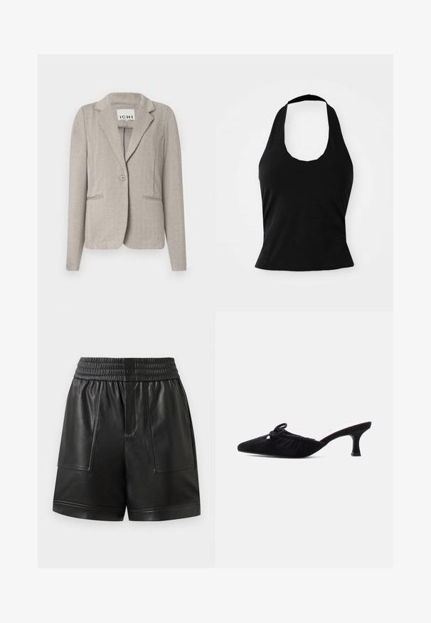 Blazer beige de espiga con solapas de muesca, cierre de un botón y dos bolsillos delanteros. Corte entallado con mangas largas y tejido texturizado.; Top negro tipo halter hecho de una tela suave, con un escote redondeado y una silueta ajustada, con una textura lisa y sin patrones visibles.; Pantalones cortos de imitación cuero negro con cinturilla elástica, botón a presión en la parte delantera, grandes bolsillos de parche en la parte delantera y dobladillo recto.; Mule de ante negro con punta puntiaguda, parte superior fruncida, lazo decorativo y tacón bajo tipo kitten sobre fondo claro liso.