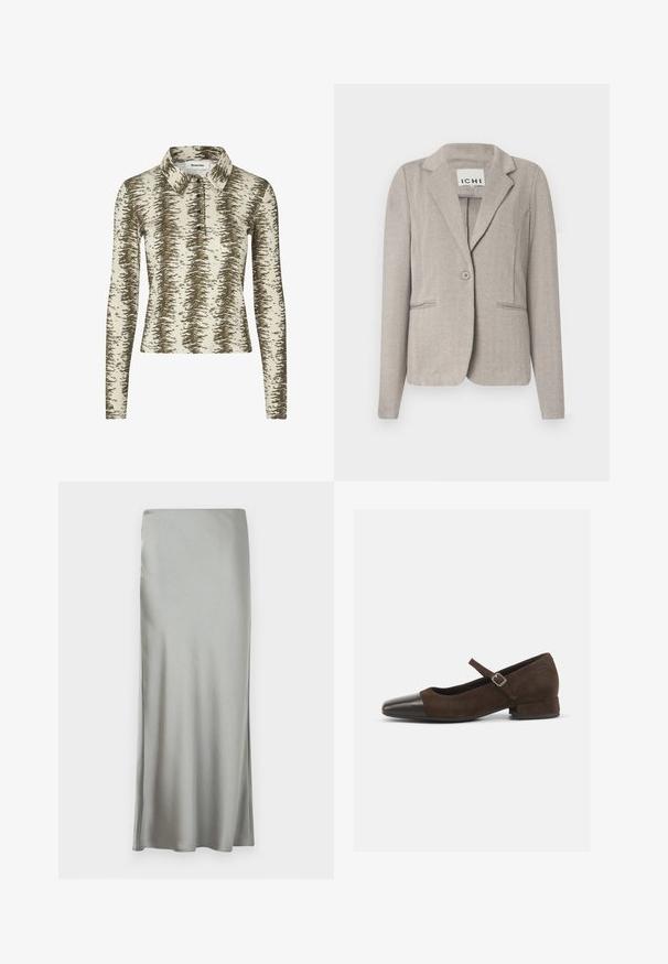 Blazer beige en chevrons avec revers crantés, fermeture par un bouton unique et deux poches avant. Coupe ajustée avec manches longues et tissu texturé.; Polo à manches longues en beige avec un motif abstrait marron, doté d'un col, d'une patte de boutonnage à trois boutons et d'une texture côtelée.; Jupe maxi en satin gris clair avec une texture lisse et une fente sur le côté, conçue avec une coupe droite pour une silhouette fluide.; Chaussure Mary Jane en daim marron avec un embout en cuir verni noir, bride ajustable et un petit talon carré. Texture lisse avec de minimalistes accents.