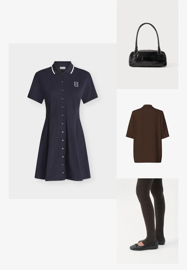Veste blazer marron à manches courtes avec col, vue de dos sur un fond blanc uni.; Robe polo bleu marine à manches courtes avec bordure blanche au col, fermeture à boutons sur le devant et petit logo blanc sur la partie supérieure gauche de la poitrine.; Jambes portant des leggings côtelés foncés associés à des ballerines noires avec de petits détails en nœud sur fond blanc.; Sac à main en cuir noir de forme rectangulaire, doté d'une seule ansse structurée, de quincaillerie argentée et d'une fermeture éclair. Texture lisse.