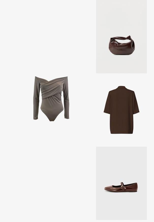 Chaqueta blazer marrón de manga corta con cuello, vista desde atrás sobre un fondo blanco liso.; Bañador de una sola pieza en verde oliva, con tirantes caídos, mangas largas, frente fruncido y tejido suave y elástico.; Bailarina de charol marrón con punta cuadrada y tira que presenta una pequeña hebilla dorada. Textura suave, tacón bajo y diseño minimalista.; Bolso de hombro de cuero marrón oscuro con una forma suave y caída, y un asa con nudo torcido sobre un fondo blanco liso.