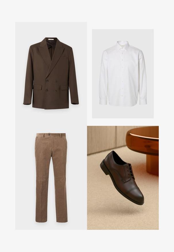 Blazer marrón de doble botonadura con solapas anchas, cuatro botones, dos bolsillos con solapa y un bolsillo en el pecho, mostrado sobre un fondo blanco.; Camisa blanca de manga larga hecha de algodón, con cuello clásico, cierre de botones en la parte frontal y puños abotonados. Textura lisa sin patrones visibles.; Pantalones de pana marrones con textura de ribete vertical, diseño de pierna recta, cierre de un solo botón y dos bolsillos frontales.; Zapato de vestir de cuero marrón con detalles perforados, punta redonda y cordones. Cuenta con una suela de goma negra. Elevado sobre una superficie texturizada beige.