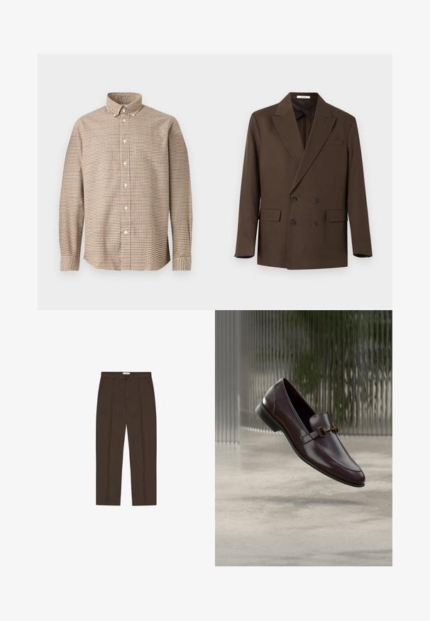 Braunes, doppelt geknöpftes Sakko mit breiten Revers, vier Knöpfen, zwei Klappentaschen und einer Brusttasche, auf weißem Hintergrund dargestellt.; Beige- und braunkariertes Langarm-Hemd mit knopffestem Kragen, auf einem schlichten Hintergrund aus der Frontansicht präsentiert.; Braune, maßgeschneiderte Hose mit geradem Bein, Gürtelschlaufen, Vorderentaschen, Knopf- und Reißverschluss vorne.; Brauner Lederloafer mit glatter Oberfläche, quadratischer Spitze und goldfarbenen Metallakzenten. Verfügt über einen niedrigen Absatz und dezente Zierstiche.