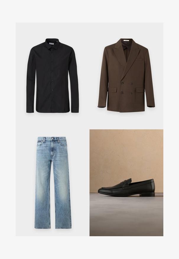 Brun dobbeltradet blazer med brede revers, fire knapper, to klaplommer og en brystlomme, vist på en hvid baggrund.; Sorte langærmede skjorte med klassisk krave, lavet af glat stof, med frontknapper og en almindelig pasform.; Lyseblå denim jeans med lige ben, højt talje, fem lommer, knaplukning og diskrete falmede områder på lår og knæ.; Sort læderloafer svæver over beige tæppe med beige sofa i et minimalistisk indendørsmiljø.