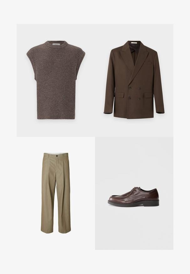 Braunes, doppelt geknöpftes Sakko mit breiten Revers, vier Knöpfen, zwei Klappentaschen und einer Brusttasche, auf weißem Hintergrund dargestellt.; Braun gestricktes ärmelloses Top mit gerippter Textur, hohem Ausschnitt und seitlichen Schlitzen. Verfügt über einen engen Saum und weichen Stoff.; Beige Hosen mit weitem Bein und subtiler Textur, ausgestattet mit einer vorderen Falte, Knopfverschluss und ohne Taschen.; Braune Lederdressschuhe mit einer abgerundeten Spitze, minimalen Nähakzenten und einer robusten schwarzen Sohle. Verfügt über eine Schnürung und eine glatte Textur.