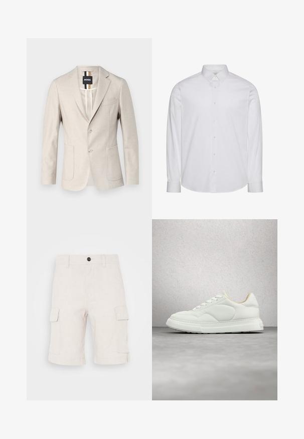 Lys beige blazer lavet af et vævet stof. Har et enkelt brystdesign, to forlommer og en klapkrave. Minimalistisk stil.; Hvid langærmet skjorte med knapper lavet af bomuld. Har en standardkrave, frontplade med knapper og afrundet kant. Diskret mærkelogo.; Beige cargo shorts lavet af letvægtsstof, med to sidelommer og en foldet nederkant. Knaplukning i taljen.; Hvid lædersneaker med snørebånd, hævet over poleret gråt gulv, med glasblokvæg og cylindrisk søjle i baggrunden.