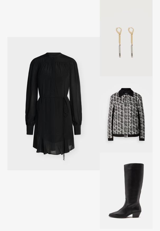 Veste à motifs noir et blanc avec un col, fermeture à boutons et poignets contrastants. Fabriquée en tissu texturé, elle présente une coupe ajustée.; Robe noire à manches longues avec détails froncés, col haut, fermeture par boutons et ceinture à nouer à la taille, avec un ourlet légèrement transparent.; Botte en cuir noire mi-mollet avec un bout pointu et un talon bas incliné sur un fond clair uni.; Boucles d'oreilles pendantes en or et argent avec fermoirs à levier, présentant une barre en or reliée à une barre en argent gravée "DKNY" sur un fond blanc.