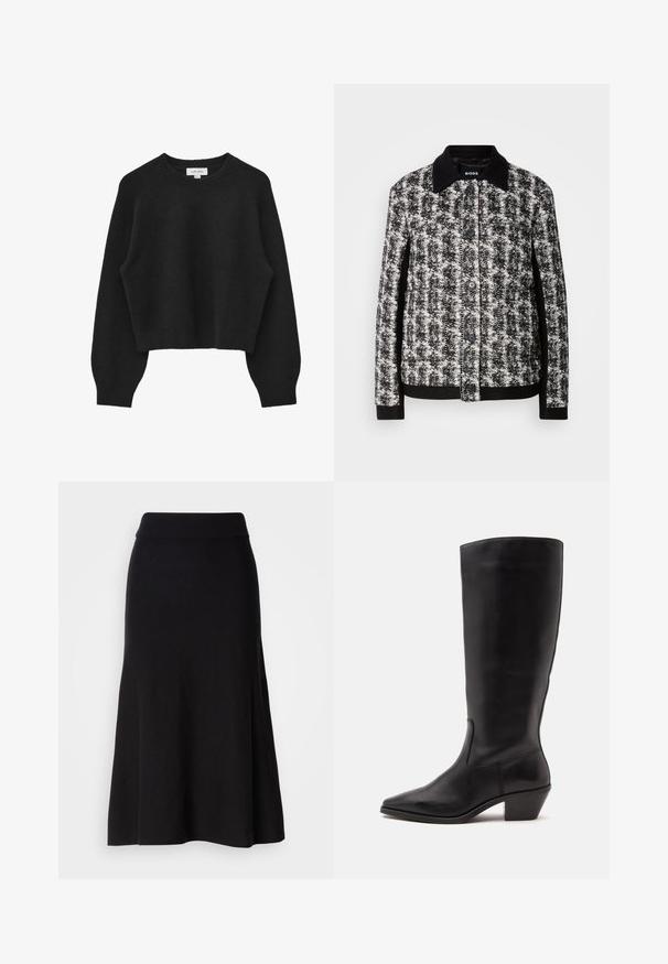 Veste à motifs noir et blanc avec un col, fermeture à boutons et poignets contrastants. Fabriquée en tissu texturé, elle présente une coupe ajustée.; Pull court noir en tissu doux et texturé. Présente un col rond, des manches raglan, et un ourlet ainsi que des poignets côtelés.; Jupe évasée en tricot noir avec une large taille, longueur midi, texture lisse et sans motifs ni détails métalliques visibles.; Botte en cuir noire mi-mollet avec un bout pointu et un talon bas incliné sur un fond clair uni.