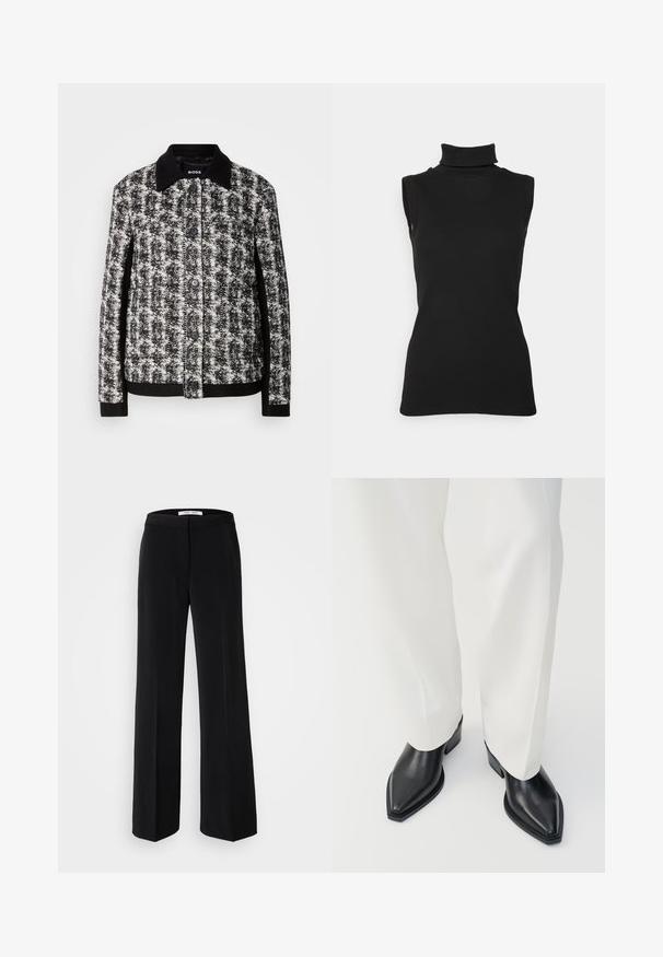 Veste à motifs noir et blanc avec un col, fermeture à boutons et poignets contrastants. Fabriquée en tissu texturé, elle présente une coupe ajustée.; Top noir sans manches en maille côtelée, avec un col haut et une silhouette ajustée. Texture lisse avec un minimum de détails.; Pantalon large noir avec une texture lisse, muni d'une taille ajustée et d'un design minimaliste. Pas de motifs ou d'accents visibles.; Bottines noires à bout pointu en cuir lisse, avec des talons bas en bloc, associées à un pantalon large blanc. Design simple et moderne.