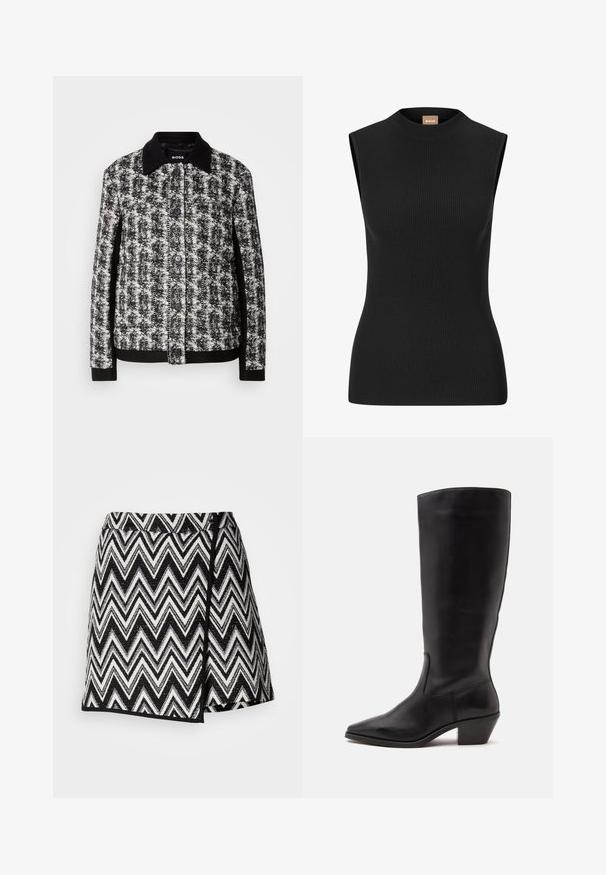 Veste à motifs noir et blanc avec un col, fermeture à boutons et poignets contrastants. Fabriquée en tissu texturé, elle présente une coupe ajustée.; Haut sans manches noir à côtes avec un col haut et une silhouette ajustée, fabriqué en matériau extensible. Présente un branding minimal au niveau du cou.; Jupe à motif zigzag noir et blanc avec un design portefeuille, dotée d'un tissu texturé, finie par un ourlet noir uni le long des bords.; Botte en cuir noire mi-mollet avec un bout pointu et un talon bas incliné sur un fond clair uni.