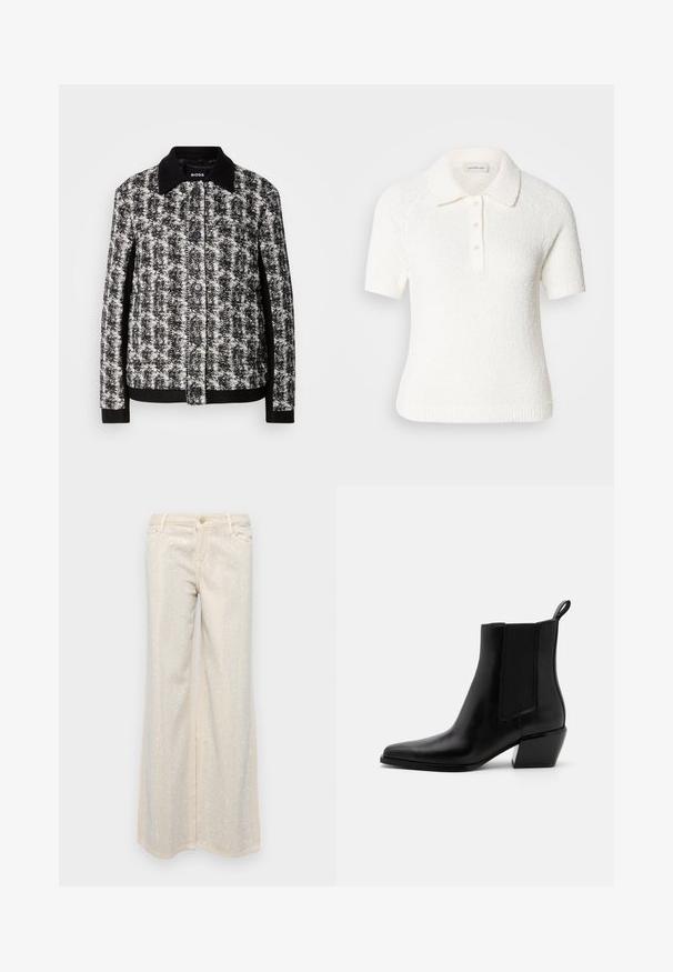 Zwart-wit patroonjacket met een kraag, knoopsluiting en contrasterende manchetten. Gemaakt van textuurstof en heeft een getailleerde pasvorm.; Polo shirt met korte mouwen en kraag, gemaakt van een textuur in gebroken wit stof. Heeft een knoopsluiting met drie knopen en een geribbelde zoom. Zacht, casual ontwerp.; Beige wijde broek met een gladde textuur, versierd met metallic zilveren pailletjes in een patroon aan de voorkant en achterkant.; Zwarte leren enkellaarzen met een spitse neus, elastische zijpanelen en een lage blokhak. Bevat een trekkoord aan de hiel voor gemakkelijk aan- en uittrekken.
