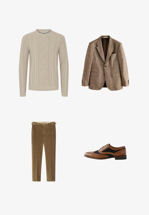 Brun ternet herreblazer med hakkede revers, to forlommer med klap, en brystlomme med lommetørklæde og lukning med en enkelt knap.; Beige strikket sweater med et tekstureret kabelmønster og ribbede manchetter og kant. Klassisk rund halsudskæring med lange ærmer.; Brune corduroy bukser med lige ben-design, der har en subtil ribbet tekstur og bæltestropper i taljen.; Brun læder brogue sko med navy ruskind detaljer, fine perforeringer, rund tå og en lav træhæl. Snørelukning.