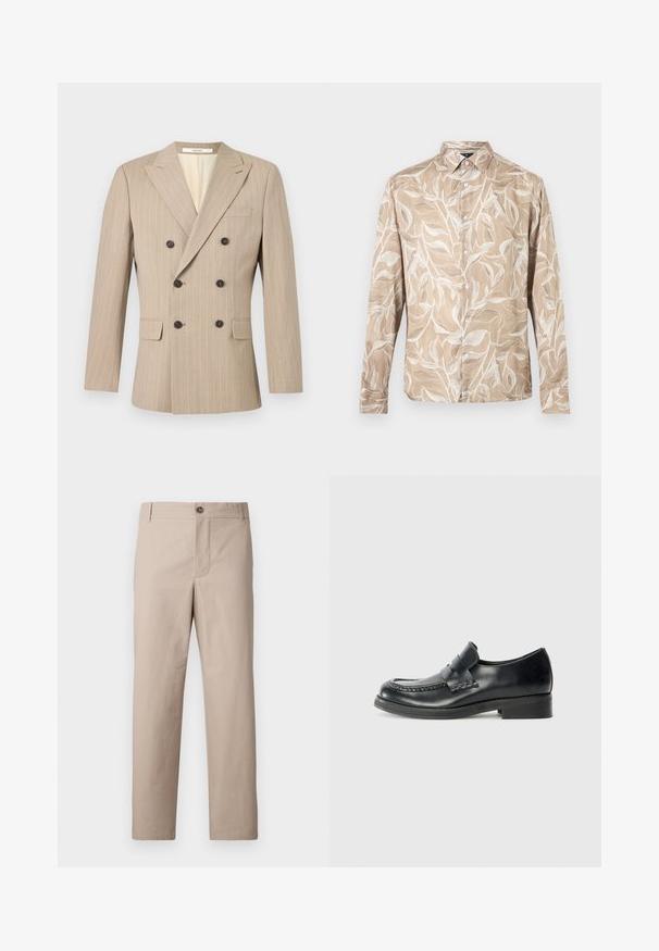 Veste beige à rayures fines à double boutonnage avec revers à pointe, boutons noirs, deux poches avant à rabat et une poche poitrine passepoilée.; Chemise beige à manches longues avec boutons sur le devant, motif de vigne feuillue blanche et col pointu.; Pantalon en coton beige à coupe droite, avec fermeture à glissière et bouton. Texture lisse avec poches avant et design minimaliste.; Mocassins en cuir noir avec des coutures de mocassin, une sangle proéminente sur le cou-de-pied, et un petit talon empilé. Fini lisse et bout rond.