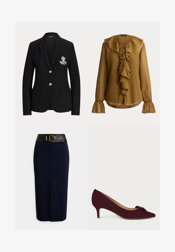 Sort skræddersyet blazer med to sølvknapper, tre forlommer og hvide broderede initialer på venstre brystlomme.; Langærmet sennepsbluse med flæsekrave, forreste faldende flæser, bindebånd i halsen og elastiske flæsemanchetter.; Marineblå blyantskjørt med bredt sort linning og stor guldbøjle, med en syning foran og en subtil frontslids.; Bordeaux ruskindpumpe med spids tå, lille hæl og en knytta sløjfe accentueret på vampsiden; glat tekstur og strømlinet design.