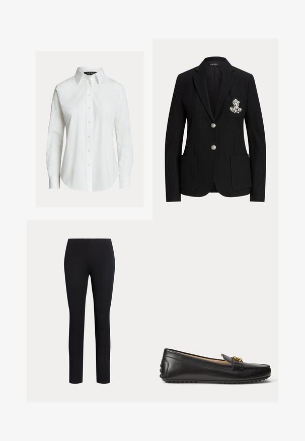 Zwarte op maat gemaakte blazer met twee zilveren knopen, drie voorzakken en witte geborduurde initialen op de linker borstzak.; Witte overhemd met lange mouwen, knopen aan de voorkant, puntige kraag en licht gebogen zoom.; Zwarte slim-fit broek met een taille op middenhoogte en rechte pijpen, weergegeven tegen een effen lichte achtergrond.; Zwarte leren loafer met gouden gespdetail en rubberen zool met noppen, zijaanzicht op witte achtergrond.