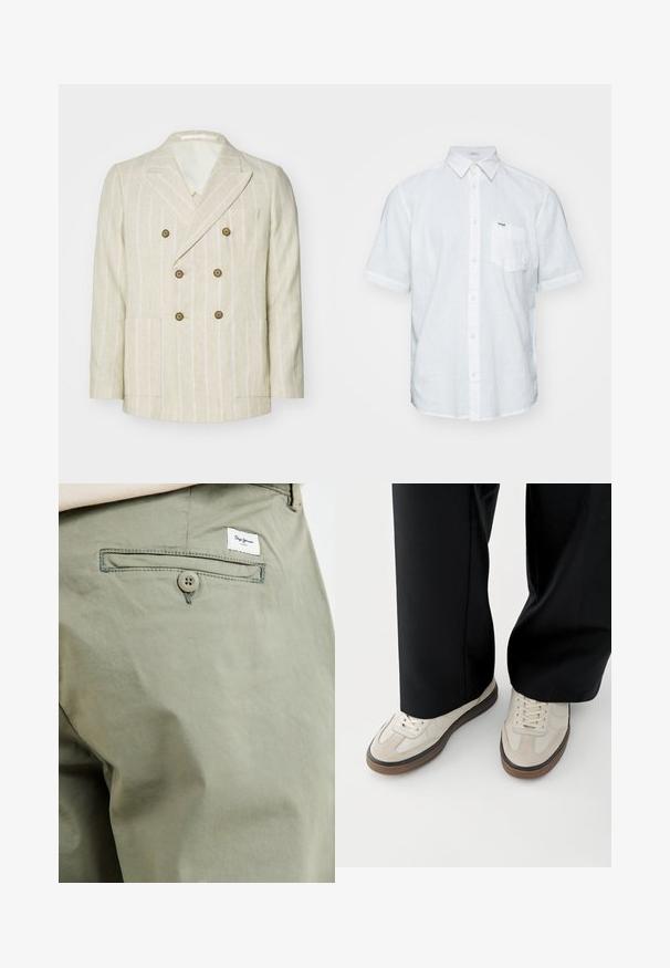Jack & Jones PREMIUM JPRCHRISTIAN - Blazerjasje - beige; Witte korte mouwen shirt van linnen, met een button-down kraag, een borstzak en subtiele stikaccenten.; Licht olijfgroene katoenen broek met een achterzak, voorzien van een knoopsluiting en een klein merkembleem dat boven de zak is gestikt.; Voeten met beige sneakers met bruine zolen en zwarte wijde broekspijpen op een witte achtergrond.