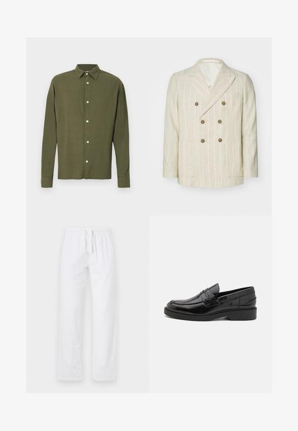 Jack & Jones PREMIUM JPRCHRISTIAN - Blejzrové sako - beige; Olivovo zelená košeľa s dlhými rukávmi, zapínaná na gombíky, so špicatým golierom a jemným textúrovaným vzorom látky, zobrazená na neutrálnom pozadí.; Biele, ľahké bavlnené nohavice s elastickým pásom a šnúrkou; majú široké nohy a hladký, beztextúrny povrch.; Čierne kožené mokasíny s hladkým povrchom, zaoblenou špičkou, nízkym podpätkom a dekoratívnym prešívaním na prednej strane. Gumová podrážka pre lepšiu priľnavosť.