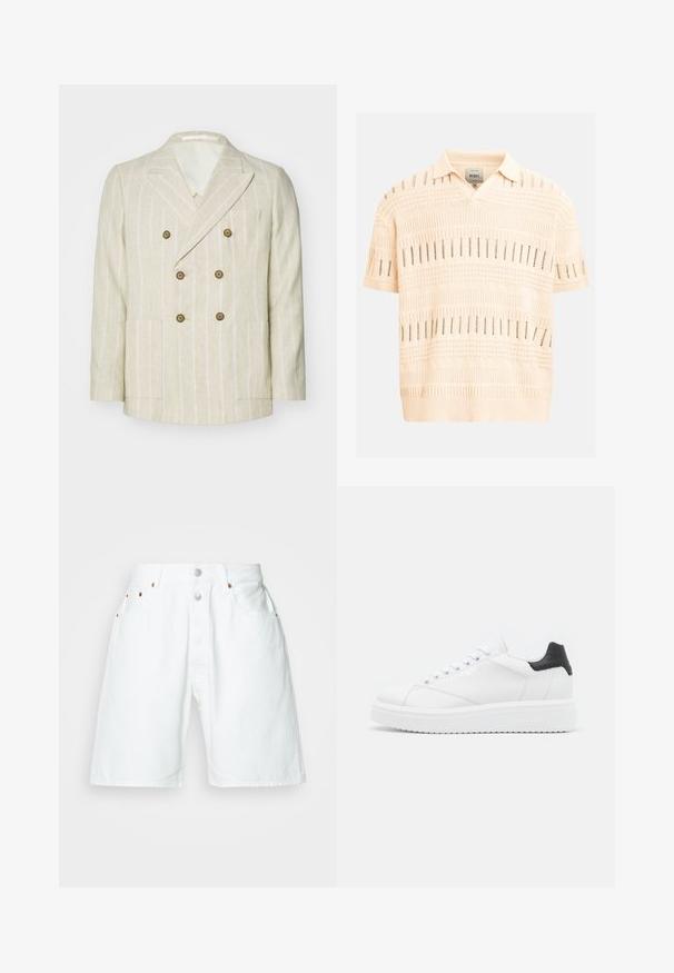 Jack & Jones PREMIUM JPRCHRISTIAN - Blejzrové sako - beige; Krémová pletená polo košeľa s krátkym rukávom, s textúrovanými vzormi otvoreného pletenia a rebrovaným golierom a lemom.; Biele džínsy šortky s vysokým pásom, s gombíkovým zapínaním, piatimi vreckami a akcentami z medeného kovu. Hladká, textúrovaná tkanina.; Biele kožené tenisky s čiernym pätkovým detailom, plochými šnúrkami, textúrovanou medzipodrážkou a logom na vonkajšej strane. Navrhnuté na neformálne nosenie.