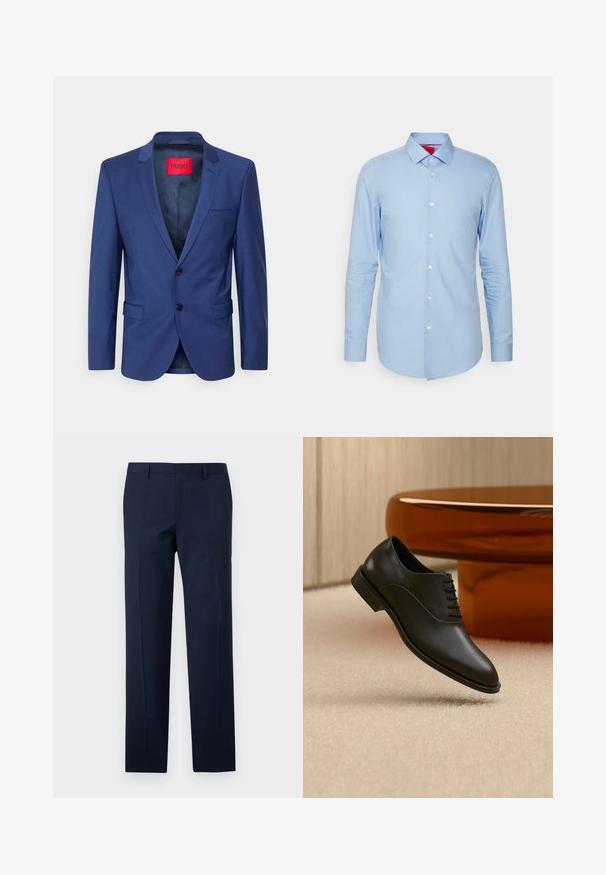 Navyblauwe colbert met scherpe kleppen, twee knopen en klepzakken. Heeft een rood merklabel aan de binnenkant, met een gladde textuur overal.; Lichtblauw langemouwen shirt van katoen. Voorzien van een button-down kraag en een voorflap met witte knopen. Glad textuur, slim fit.; Marineblauwe broeken met een getailleerde pasvorm, met een gladde textuur, scherpe plooien en een vlakke voorkant. Verborgen ritssluiting.; Zwarte gepolijste leren veterschoen zweeft boven een beige tapijt, met een grote ronde glazen tafel in amberkleur op de achtergrond.