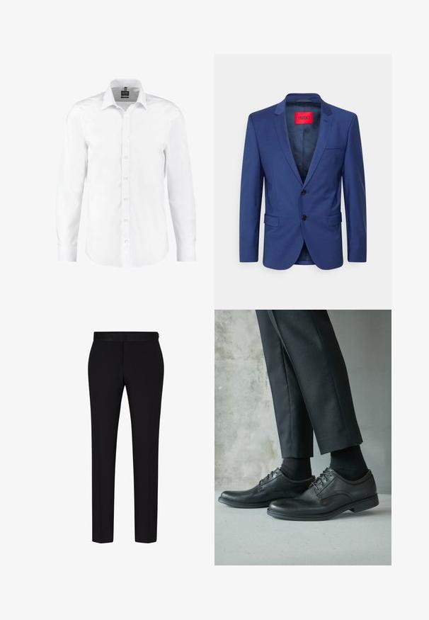 Navyblauwe colbert met scherpe kleppen, twee knopen en klepzakken. Heeft een rood merklabel aan de binnenkant, met een gladde textuur overal.; Witte langearmige shirt gemaakt van gladde stof, met een klassieke kraag, knopen aan de voorkant en manchetten met enkele knopen. Geen patronen of accenten.; BOSS H GENIUS TUX 231 - Pantalon - black; Zwarte leren nette schoenen gedragen met zwarte sokken en zwarte op maat gemaakte broek tegen een grijze betonnen en gladde muur achtergrond.